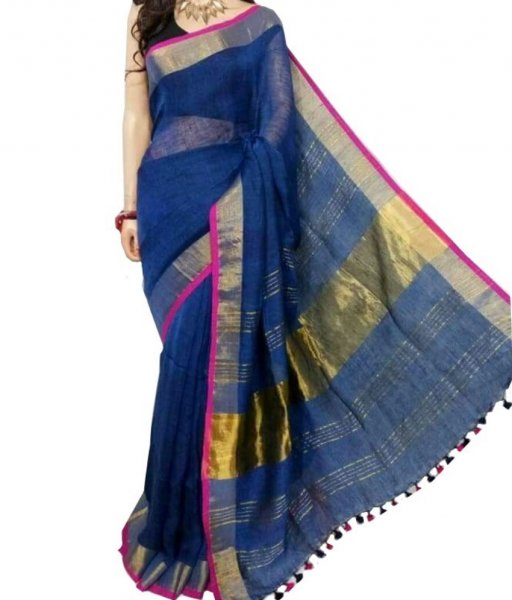 Blue Zari Linen Saree